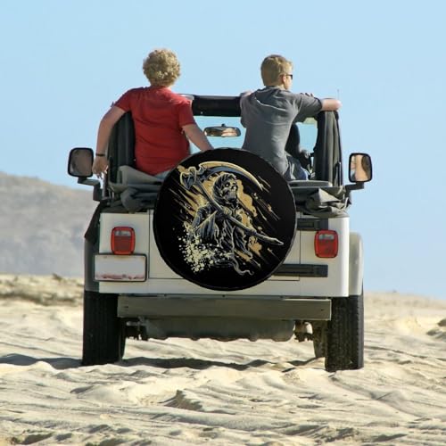 Image of Black Grim Reaper Spare Tire Cover Skull Skeleton Wheel Tyre Covers Travel Trailers Protectors Weatherproof Dust-Proof for Camper Trailer Truck Rv Universal 28inch