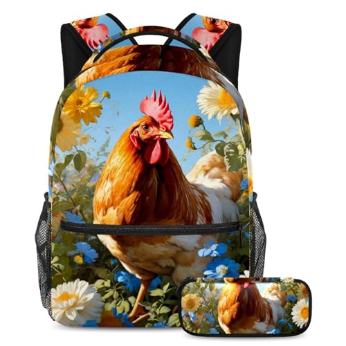Sac à dos livre poulet et fleur multicolore avec trousse scolaire pour ado