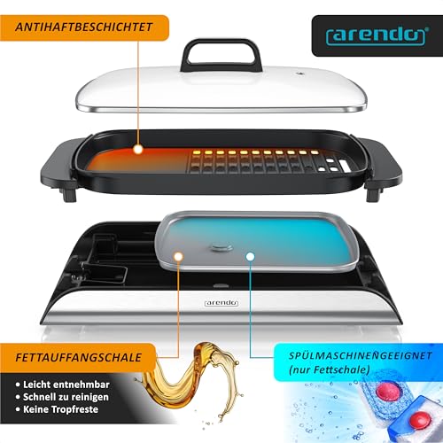 Arendo - Tischgrill Elektrogrill Edelstahl - mit Glasdeckel – extrastark 2000 Watt - Steaks, Würstchen, Fisch, Meeresfrüchte, Gemüse, Pilze u.v.m. - für Balkon, Garten, Indoor - Antihaftbeschichtung – Bild 5