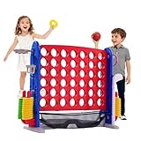 Giant 4-in-A-Row, Outdoor Jumbo 4 to Score w/Quick Release, Basketball Hoop, Ring Toss & Net, Connect Four Yard Games with Adjustable Height(2.7-3.2 FT), Party Family Floor Game for Kids & Adult, Red