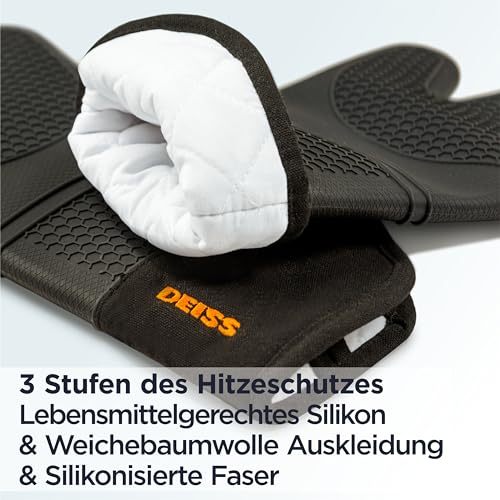 Deiss PRO Hitze- und schmutzabweisendes Silikon-Ofenhandschuh-Set, weiche, baumwollgefütterte Grillhandschuhe, wasserdicht, extra Lange, Flexible, Dicke Küchenhandschuhe zum Kochen
