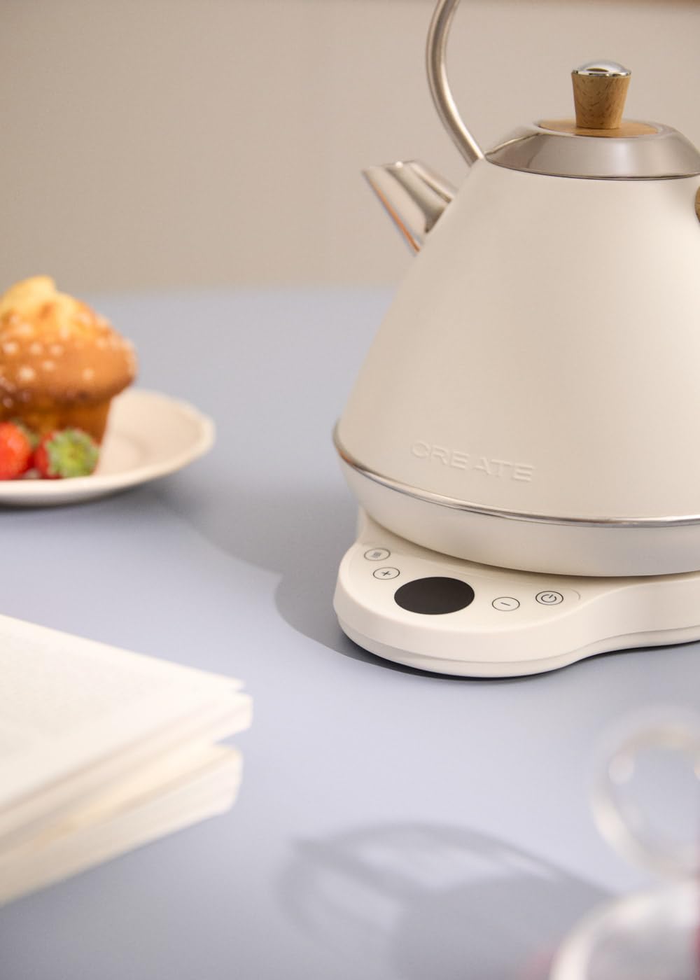 CREATE/KETTLE RETRO PRO/Bouilloire électrique 1 L avec contrôle de température blanc cassé/Système d’arrêt automatique, ébullition rapide, base antidérapante, panneau transparent, 1200W