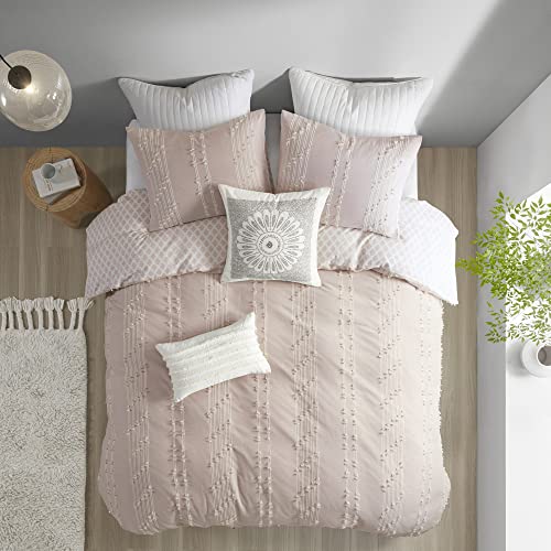 Image of INK+IVY 100% Cotton Comforter Set Trendy Stripe Textured Design, Modern Down Alternative, All Season Cozy Bedding with Matching Shams, Full /Queen, Blush Reversible Stripes