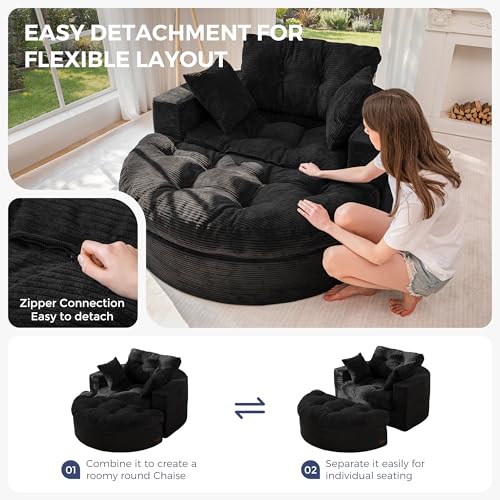 Image of MAXYOYO Modular Sectional Chaise Lounge Sofa, Round Upholstered Lounge Chair with Ottoman, Comfy Couch with Layered Cushion, Tufted Sleeper Chair for Living Room, No Assembly, Black