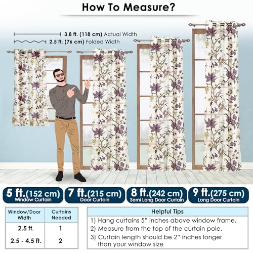 Image of Story@Home Door Curtains 7 Feet Long Set of 1 | Floral Printed | Semi Transparent Curtain | Net Curtains | Sheer Curtain for Living Room | (118 x 215 cm, Cream & Purple) | Perfect for Home Decor