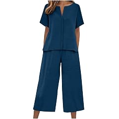 HGps8w Womens Summer Linen 2 Piece Outfits - Short Sleeve Loose V Neck Tunic Tops Cropped Pants Travel