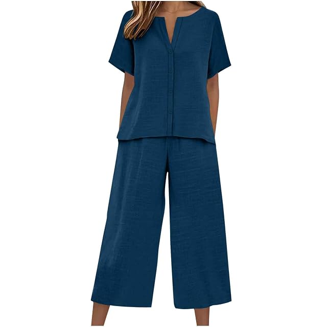 HGps8w Womens Summer Linen 2 Piece Outfits - Short Sleeve Loose V Neck Tunic Tops Cropped Pants Travel