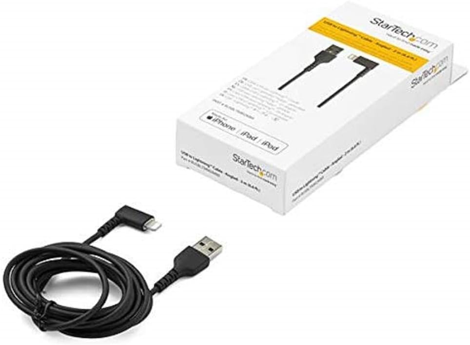 StarTech.com 6ft (2m) Durable USB A to Lightning Cable - Black 90 Right Angled Heavy Duty Rugged Aramid Fiber USB Type A to Lightning Charging/Sync Cord - Apple MFi Certified - iPhone (RUSBLTMM2MBR)