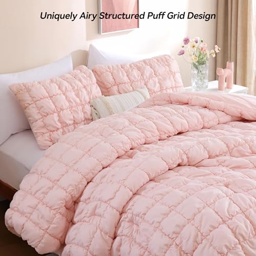 Image of JANZAA Full Size Comforter Sets, Blush Pink Comforter with Puff Plaid Fluffy Comforter Set, Cloud-Like Soft Cozy Bedding Set, Lightweight Warm Bedroom Decor for All Season with 2 Pillowcases