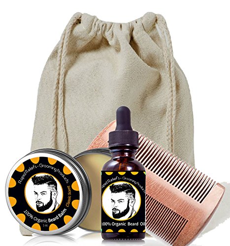 Beard Gift Set - All-In-One Beard Care Kit with two sided Wooden Beard/Hair Comb, Beard Balm (Clasic)& Beard Oil both 100% organic- in Canvas bag