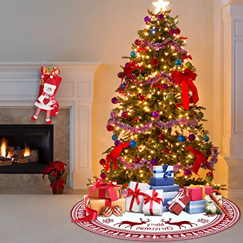 Mukum Christmas Tree Skirt 48 Inch Double Layers Cable Knit Tree Skirts Thick Xmas Tree Skirt Snowflake Reindeer Christmas Tree Skirts Merry Christmas Holiday Home Party Decorations #TOP5