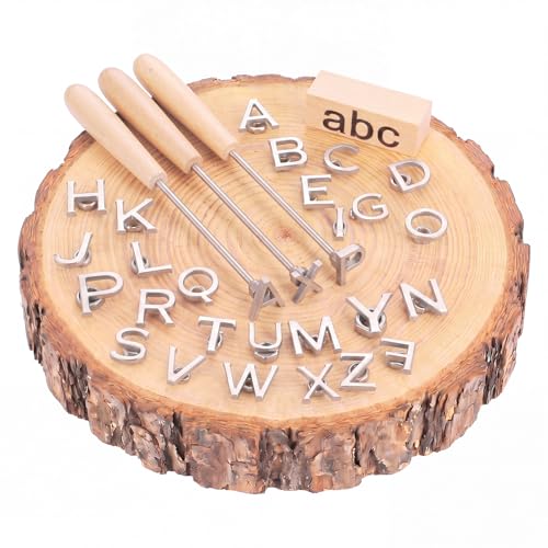 Sosation 26 Pcs 3/4 Mini Branding Irons 26 Letters with 3 Wooden Handles for Wood Alphabet Custom Branding Iron Personalized for Wood Working Leather Hats Bread Felt