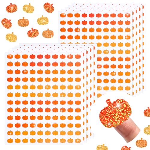 Whaline 1200Pcs Fall Mini Holographic Stickers Autumn Pumpkin Self-Adhesive Stickers Thanksgiving Sparkly Label Decals for Craft Scrapbook Envelope Card Teacher Reward 10 Sheets