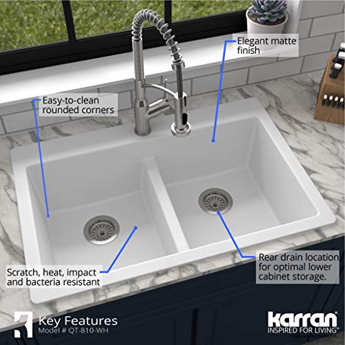 Karran Qt-810 33" Top Mount Double Equal Bowl Quartz Kitchen Sink In White #TOP2