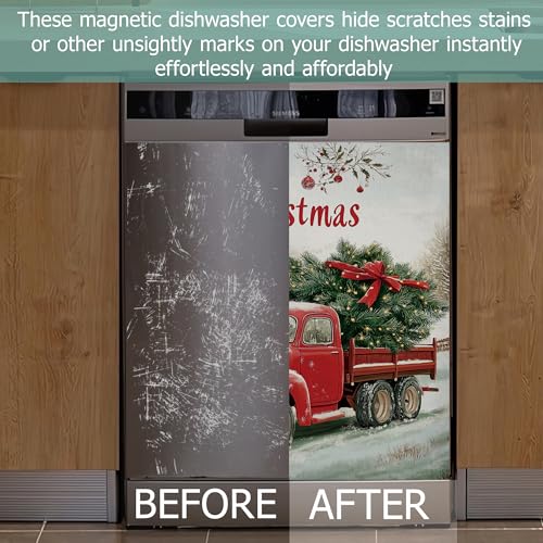 Image of Christmas Red Truck Dishwasher Magnets Decorative Cover,Winter Xmas Tree Waterproof Magnetic Dishwasher Cover Panel,Refrigerator Magnet Cover for Kitchen Home Decor 23x26 Inch