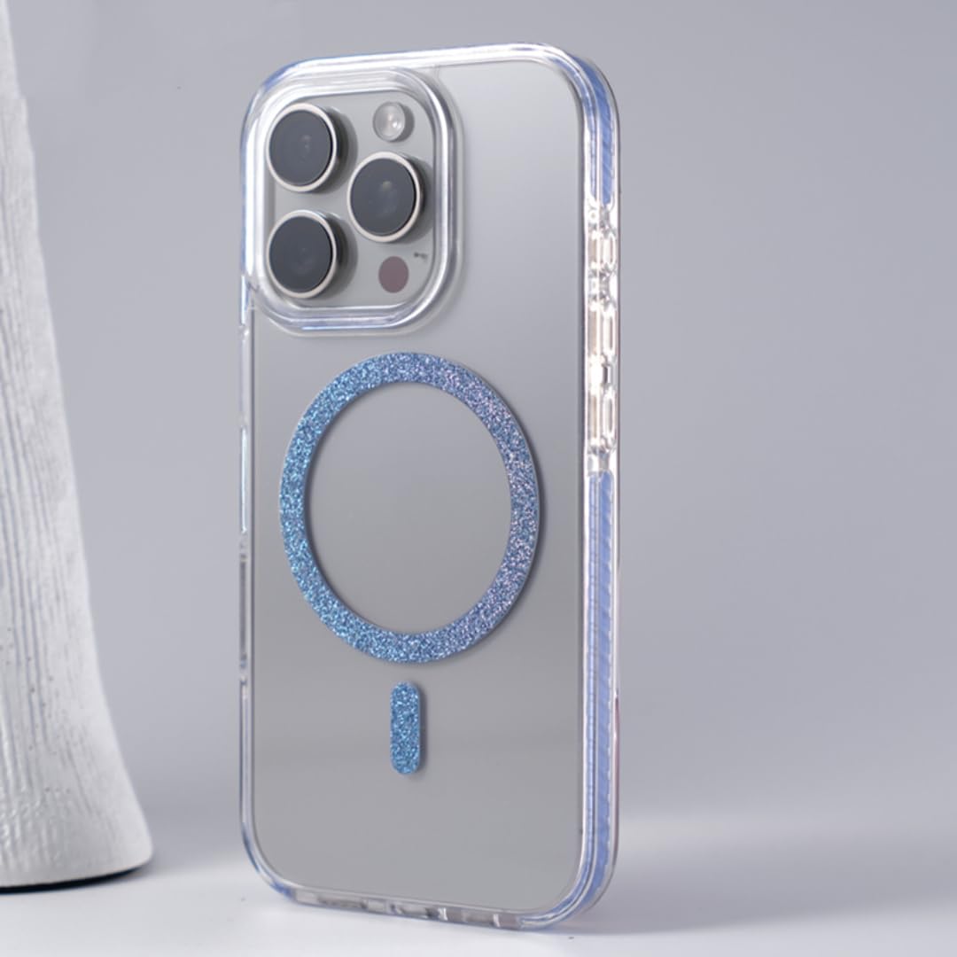 Coque iPhone 15 bleue transparente à paillettes avec option induction Magsafe - 8