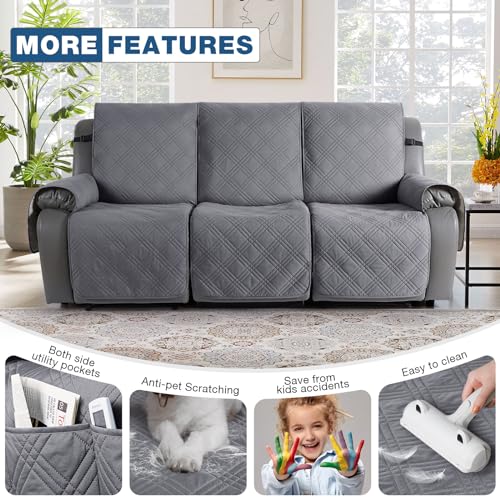 Image of TAOCOCO 100% Waterproof Recliner Couch Cover, Non Slip Split Couch Covers for Reclining Couches with Elastic Straps, Washable Reclining Couch Covers Furniture Protector for Pets(3 Seater, Light Grey)