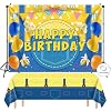 Cartoon Denim Overalls Happy Birthday 5x3FT Backdrop and Yellow Banner Party Plastic Disposable Tablecloth 108x54 Inches for Kids Birthday Party Table Cover Decoration Supplies