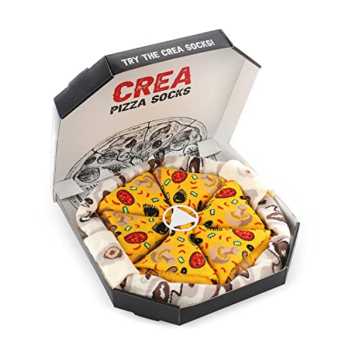 CREA SOCKS - Boîte de Chaussettes Pizza Femme - Homme, Mixte, Champignon, Saucisse, Olive, Pepperoni - 4 Paires de Chaussettes Drôles (as4, numeric, numeric_41, numeric_46, regular, regular)