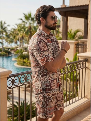 Image of BROWN CULTURE Men's Cotton Floral Print Co-ord Sets with Shirt & Shorts Collar Neck Standard Length and Button Down Closure Type | Night Suit for Men