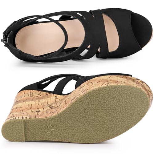 Allegra K Women's Platform Peep Toe Cutout Caged Cork Black Wedge Heel Sandals 9 M US