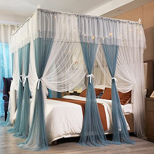 Joyreap Luxury 4 Corners Post Canopy Bed Curtains - Blue & White Cozy Drape Netting - Cute Princess Style Bedroom Decoration Accessories (47" W X 78" L, Twin) #TOP1