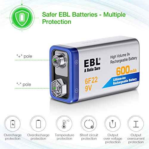 Ebl 9V Rechargeable Batteries 9 Volt Lithium Ion 600Mah Li-Ion Batteries (4-Packs) #TOP1