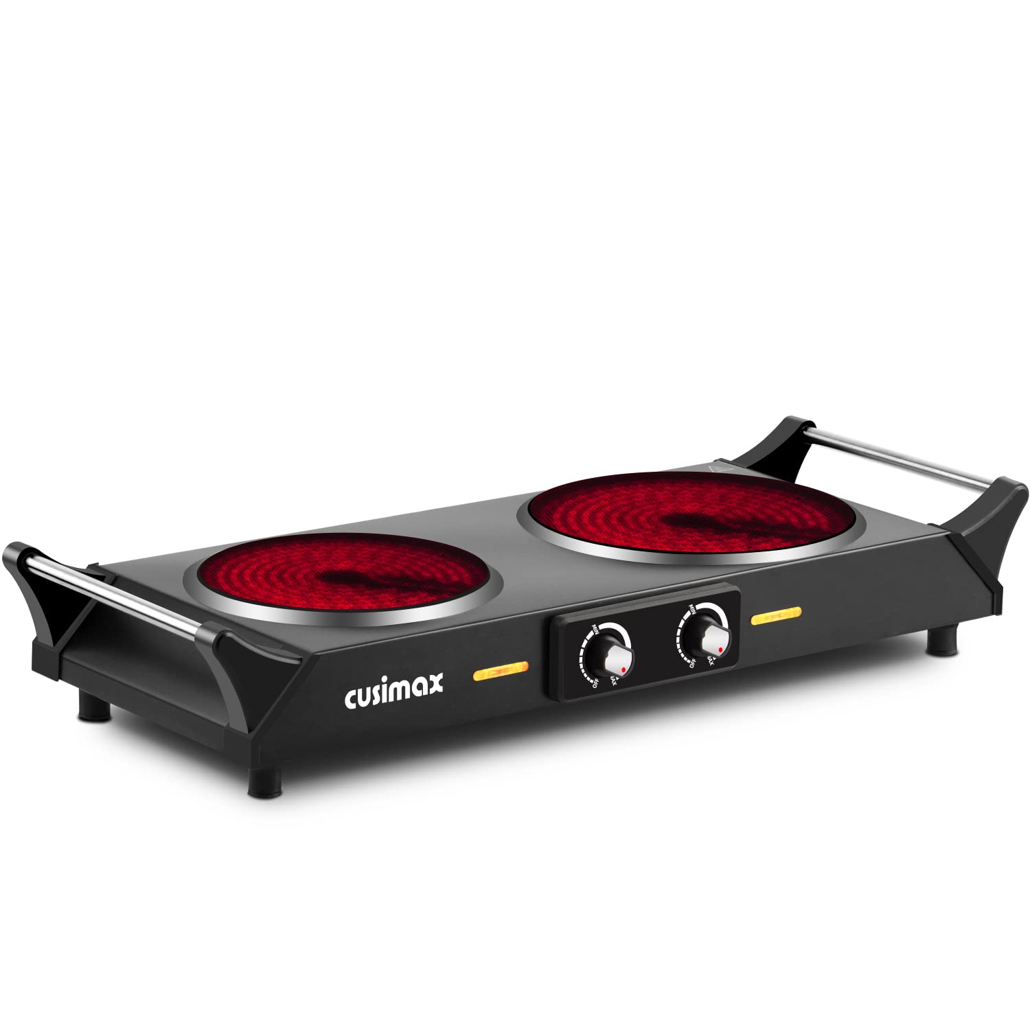 CUSIMAX Elektrische Kochplatte mit Kühlgriffen, 900 W + 1200 W, doppelte Infrarot-Kochplatte, tragbar mit einstellbarer Temperatur, 15 cm + 18 cm zum Kochen, kompatibel mit
