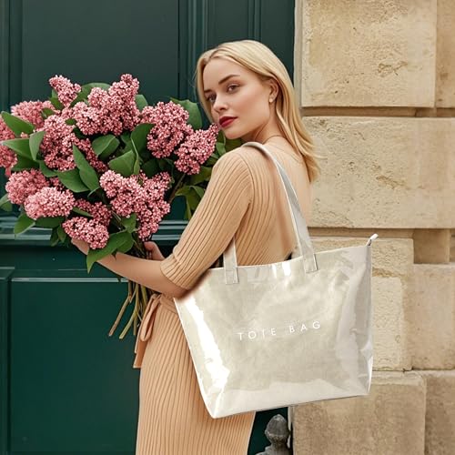 Image of KALIDI PVC Zipper Tote Bag, Jelly Kraft Paper Beach Bag Large Hobo Carry All Travel Shopping Handbag Plastic Shoulder Bag