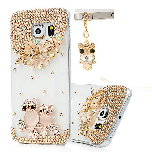 Samsung Galaxy S6 Case(Not for S6 Edge) - Mavis's Diary 3D Handmade Bling Crystal Golden Owls Flowers and Branch with Shiny Glitter Sparkly Diamond Rhinestone Clear Hard Back Case Cover for Samsung Galaxy S6 (2015) SM-G920F with Soft Clean Cloth (One Case&One Cute Owl Dust Plug)