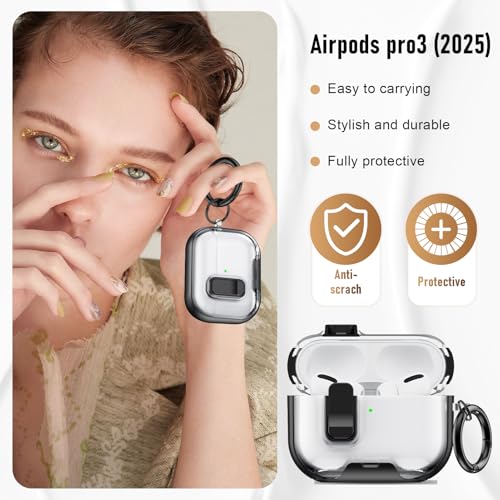 Image of Compatible Airpods Pro 3 Case (2025) with Phone Stand & Cleaner Kit,Print Soft Silicone Lock Clip Apple AirPods Pro 3rd Generation Case, Airpod Pro 3 Cover with Keychain for Women /Girls,Black
