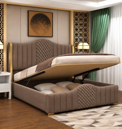 Image of Aesthetic crafts Hydraulic Bed King Size with Storage, Sheesham Wood Upholstered Wooden Double Bed, King Size Bed with Hydraulic Storage, Modern Platform Cot for Bedroom & Hotels, 6.5 x 6 Ft, Brown