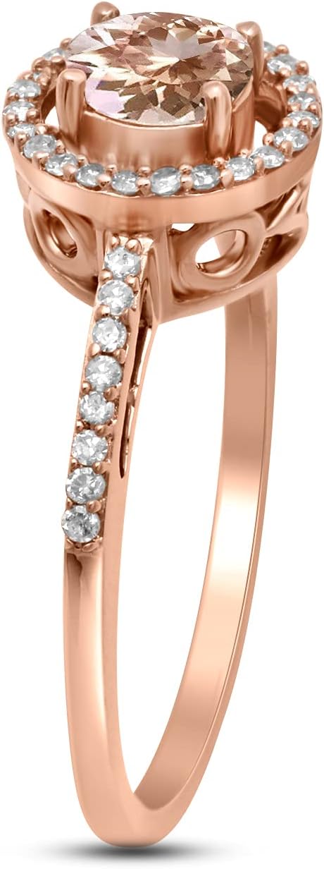 Jewelili 10K gold 5mm Round Shape Morganite, Blue Sapphire an Ruby and 1/6 Cttw Natural White Round Diamond Halo Ring