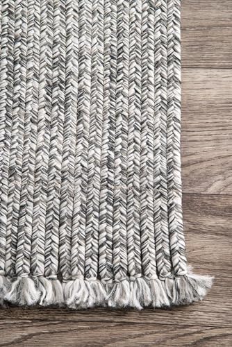 Image of Handwoven Natural Rectangular Cotton Fibres, Braided Reversible Jute and Cotton Round Rug /Carpet for Bedroom Living /Dining Room (9x12 feet, Light Grey)