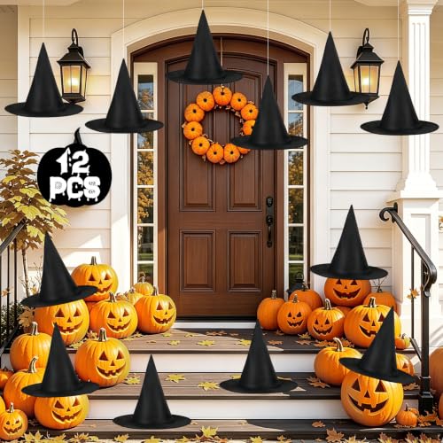 AIAKO 12 PCS Floating Witch Hats for Halloween Decorations Outdoor & Indoor, Premium Oxford Black Witches Hat with 164 FT Clear Fishing Line for Hanging Porch Yard Decor & Costume Accessories