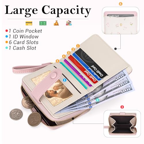 Image of BIAOTIE Wallet for Women Cute Floral Flower Wallet RFID Credit Card Holder Purse Small Bifold Zipper Coin Pocket Purse with ID Windows (T- Pink)
