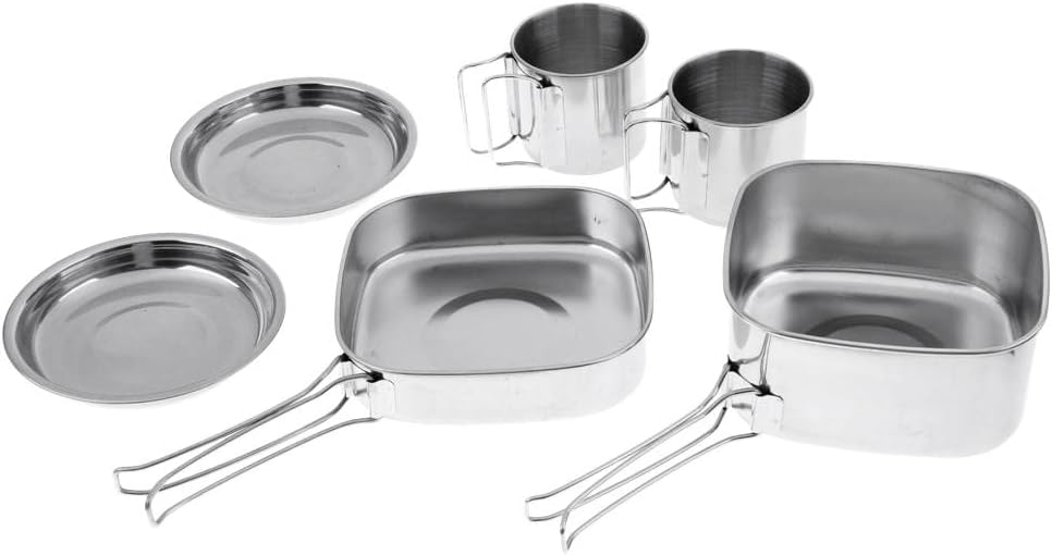 6 Piece Outdoor Compact Foldable Camping Cookware Set with Stainless Steel Pots, Frying Pan, Plates and Cups for Picnic, BBQ, Backpacking and Emergency Preparedness