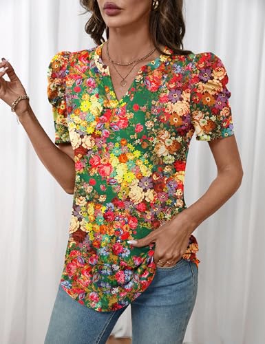 Image of LOMON Spring Summer Tops for Women 2026 V Neck Puff Short Sleeve Tops Fashion Trendy Work Blouses Dressy Casual S-XXL