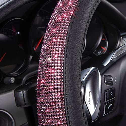 Image of CAR PASS Bling Diamond Leather Steering Wheel Cover, Bling Sparkly Crystal Glitter Rhinestones Universal Fit 14 inch 1 /2-15 inch Car Wheel Protect for Women Girl Fit Suvs,Vans,Sedans,Cars,Trucks, Pink Black
