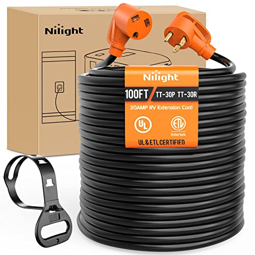 Image of Nilight 30 Amp 100FT RV Extension Cord 125V Heavy Duty 10 Gauge Pure Copper STW Wire UL ETL Listed 3 Prong TT-30P TT-30R 30F /30M Weatherproof Suit for Camper Caravan Trailer