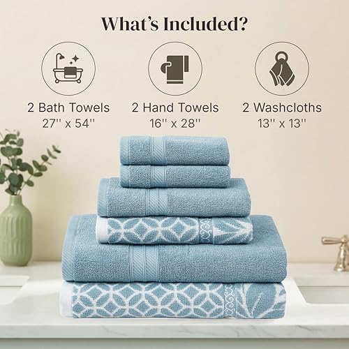 Image of Modern Threads 6 Piece Bath Towel Set - Bathroom Set with 2 Bath Towels, 2 Hand Towels, and 2 Wash Cloths - 100% Cotton, Super Absorbent & Extra Soft - Reversible Botanical Vine (Blue)
