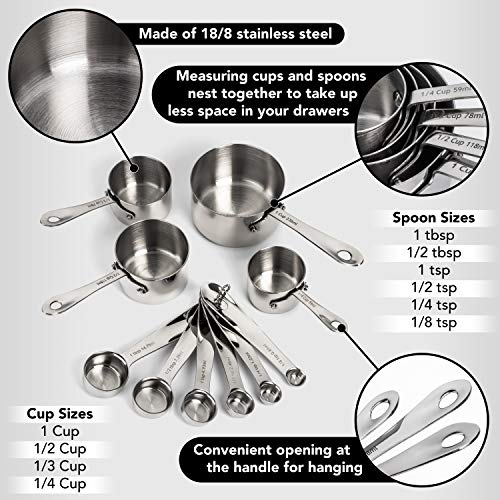 Stainless Steel Measuring Cups And Spoons Set - Heavy Duty, Metal Kitchen Measuring Set For Cooking And Baking Food For Dry Ingredients - Stackable Nesting Measuring Cups - Gordo Boss Measuring Spoons #TOP3