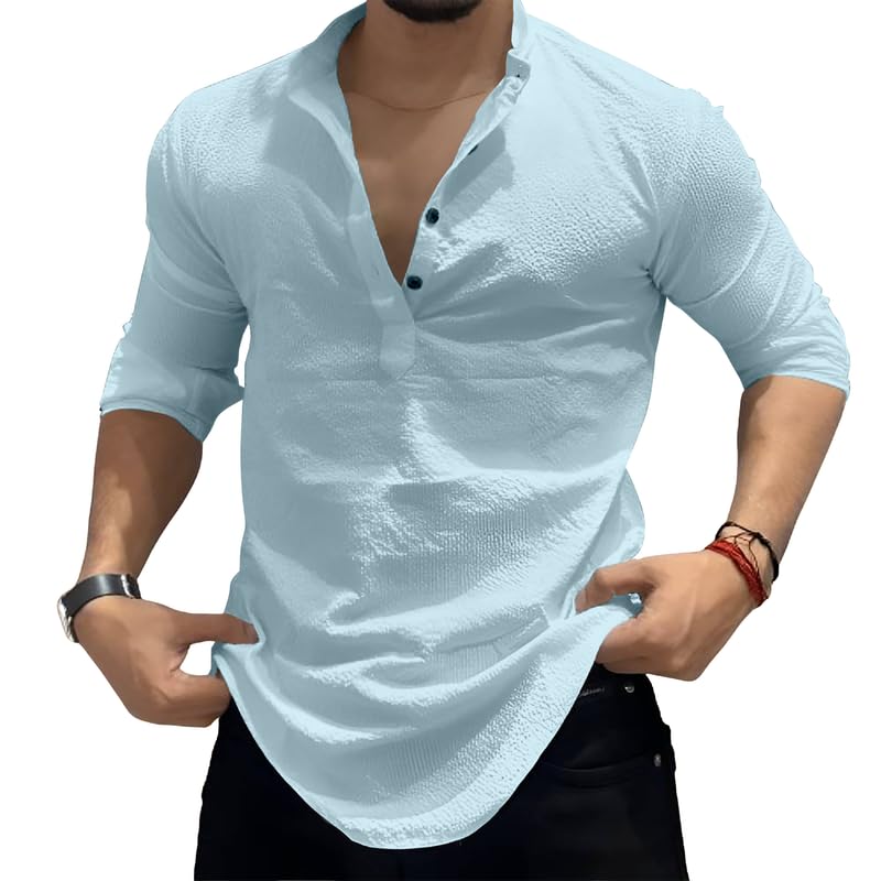combraided Men's Casual Full-Sleeve Cotton Blend Kurta Shirt Popcorn Fabric - Solid Pattern, Regular Fit, Long Length (Sky, L)-picture-25
