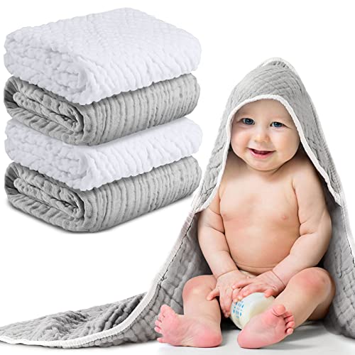 Muslin Cotton Hooded Baby Bath Towel Sets Large 32 X 32 Inch Soft Unisex Bath Towels Bulk For Babies, Toddler, Infant, Newborn, Baby Gifts For Girl Boy (White, Gray, 4 Pieces) #TOP17