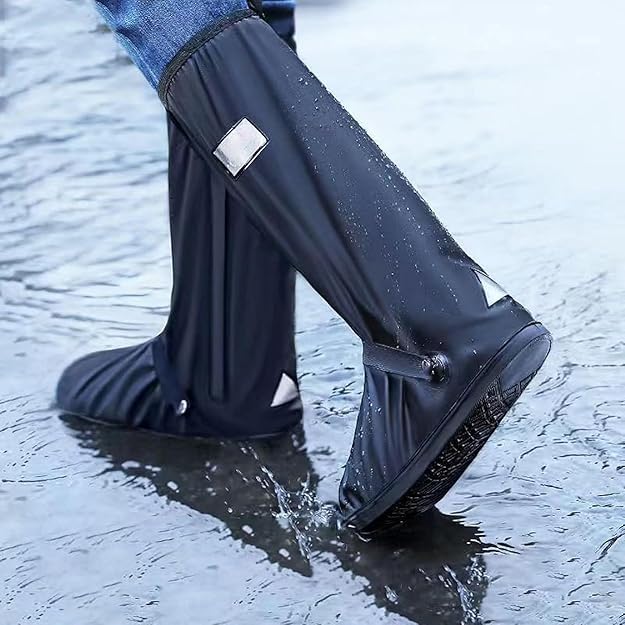 Image of Rain Shoes Cover Waterproof for Men Women Rainy Season (Size-L | 40-42 | 30.5cm) Reusable Anti-Slip Rubber Overshoes TPE Sole Boots Elastic Design Outdoor Footwear Protector (1 Pair | Black)