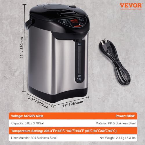 Image of VEVOR Hot Water Dispenser, Adjustable 4 Temperatures Water Boiler and Warmer, 304 Stainless Steel Countertop Water Heater, 3-Way Dispense for Tea, Coffee and Baby Formula, 3L /102 oz