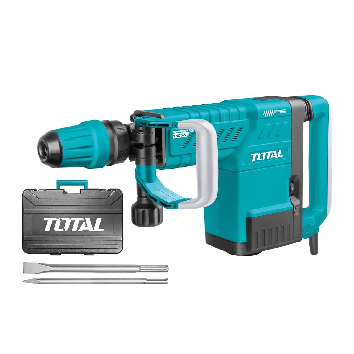 TOTAL - Martillo Picador Eléctrico - 1500W - 1900 Impactos/min - Sistema Antivibración y SDS max - Fuerza de 25 J de Impacto - Incluye 2 Cinceles y Maletín