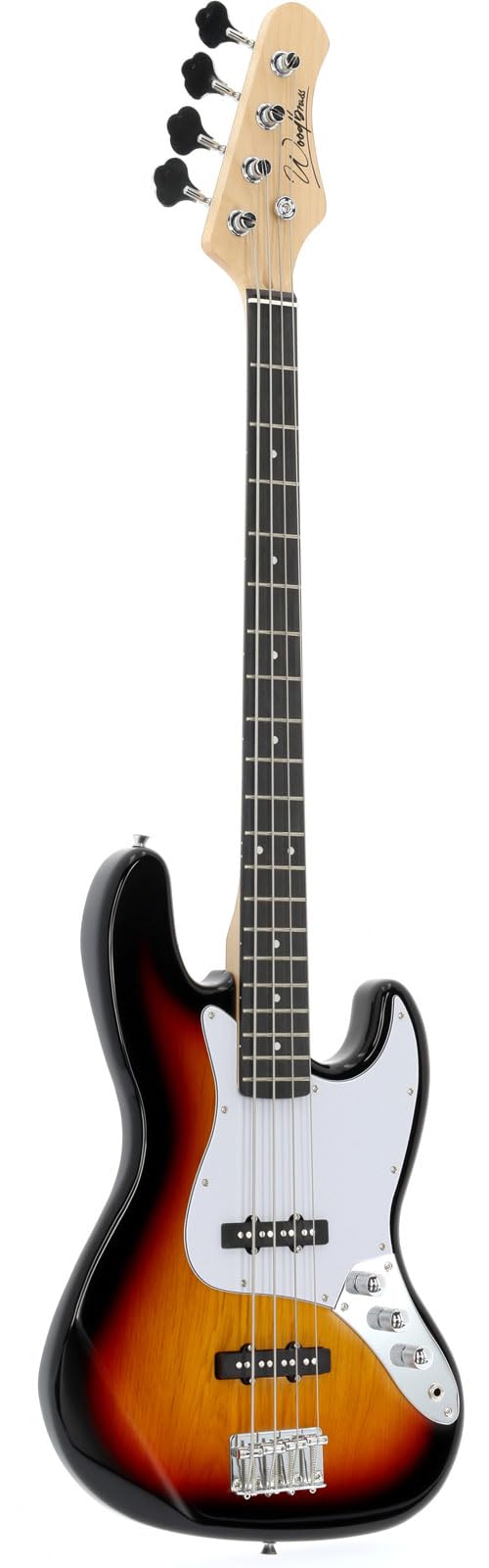 Bajo eléctrico Woodbrass JB100 Sunburst – Guitarra baja versátil ideal para principiantes – Cuerpo forma JB Tilo americano Tecla de arce – Estilo rock, pop, funk, country, hard, metal