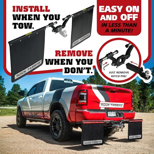 Image of Rock Tamers 00110 - 2.5 inch Official Mudflap System - 2.5 inch Hitch Receiver - Hitch Mounted Mud Flaps to Protect What You Tow - Removeable and Adjustable-Black /Stainless Steel - 1 System