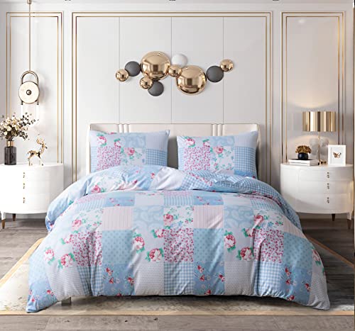 Best Linen 4 Piece Duvet Cover Set Microfiber Quilt Cover Pillow Case & Fitted Sheet Complete Bedding Set Easy Care Machine Wash Anti Allergic (Floral Blue